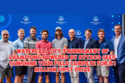 Image (from left to right): Sunshine Tour champions Hennie Otto, Ryan van Velzen, Luca Filippi, Kyle Barker and Rupert Kaminski with Willie Vos, CEO Waterfall Management Company; Michael Clampett, Asset Management and Property Executive Attacq Limited; Simon Hill, Marketing Manager The Courier Guy; and Thomas Abt, Commissioner of the Sunshine Tour at the official launch of the Waterfall City Tournament of Champions powered by Attacq.