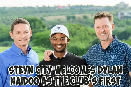 Dylan Naidoo flanked (left) Greg Petzer, GM The Club at Steyn City, (right) Steven Louw, CEO of Steyn City Properties