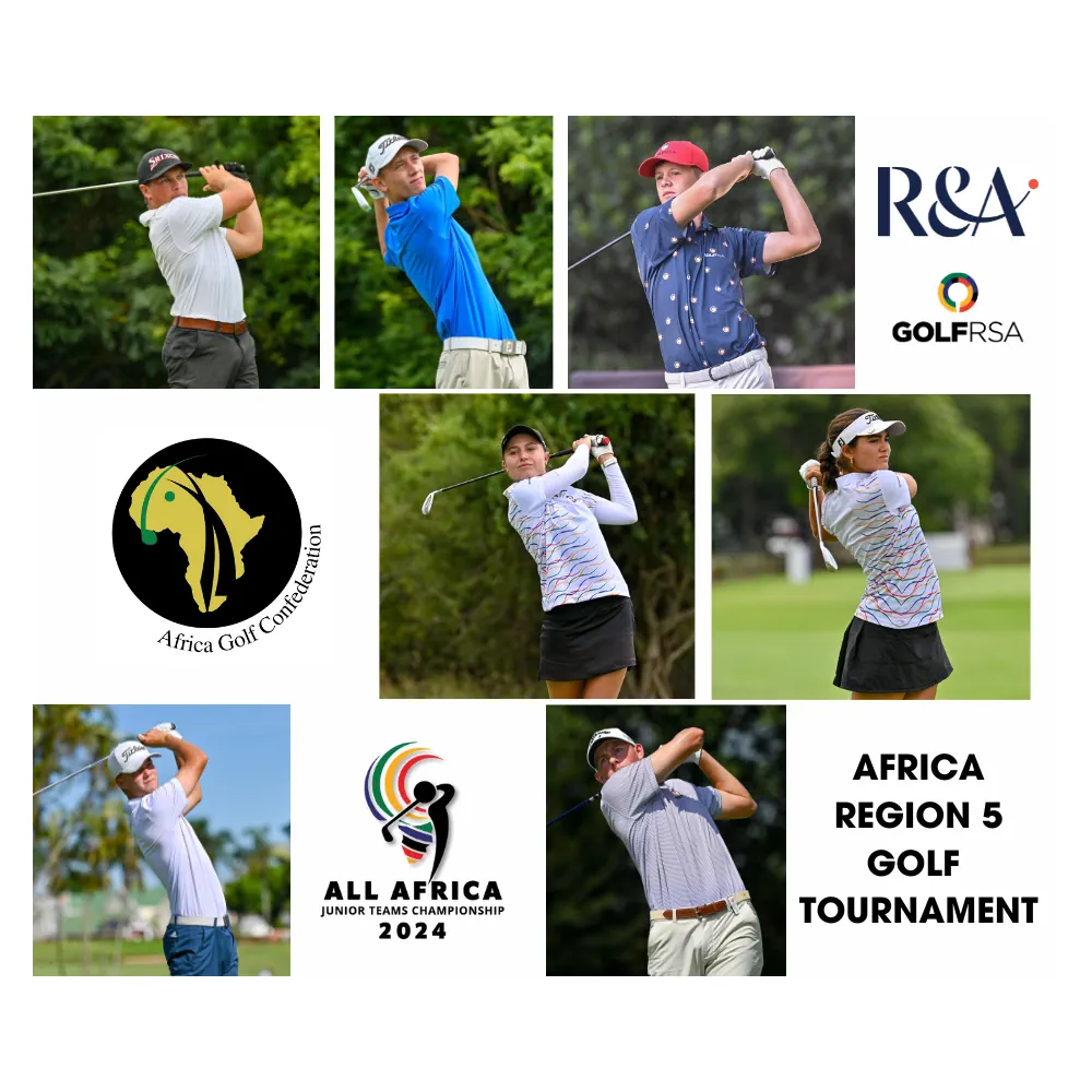 Collage of all seven new caps selected to represent South Africa in the 2024 All Africa Junior Teams Championship in South Africa and the Africa Region 5 Golf Tournament in Lusaka.